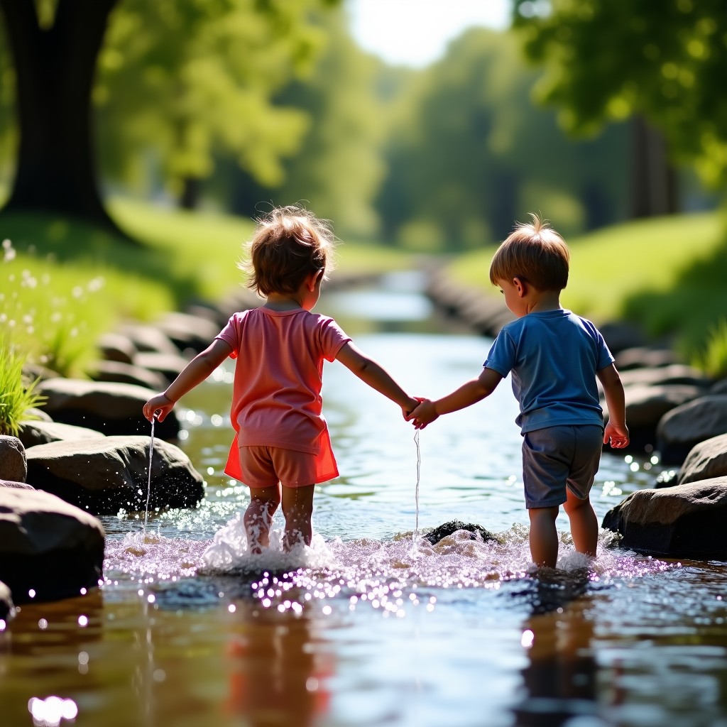 Children playing in a shallow stone water stream in a park, sparkling water, bright daylight, candid lifestyle photography, high resolution, 4:3