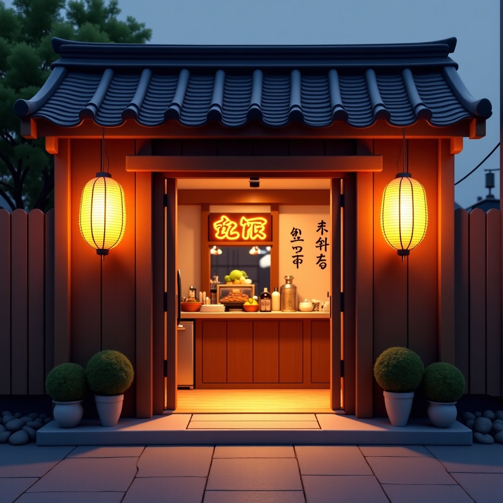 A warm and inviting entrance to a traditional Korean barbecue restaurant in a small town, featuring wood elements and a welcoming atmosphere, cinematic lighting, realistic style, 4:3 aspect ratio