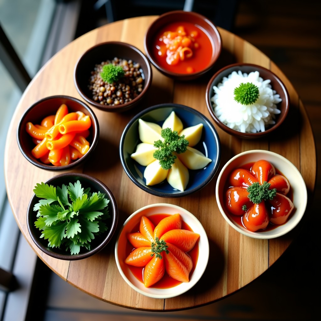 A wooden table spread with various Korean side dishes including kimchi and fresh vegetables, top-down view, restaurant interior, warm lighting, natural aesthetic, 4:3 aspect ratio