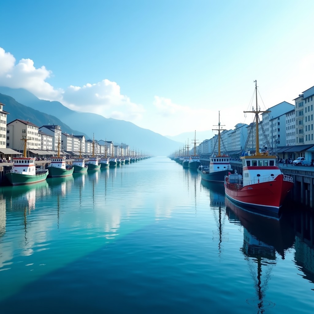 A scenic view of a coastal harbor in South Korea during spring with calm blue water, fishing boats, and mild sunlight, high resolution photography, 4:3