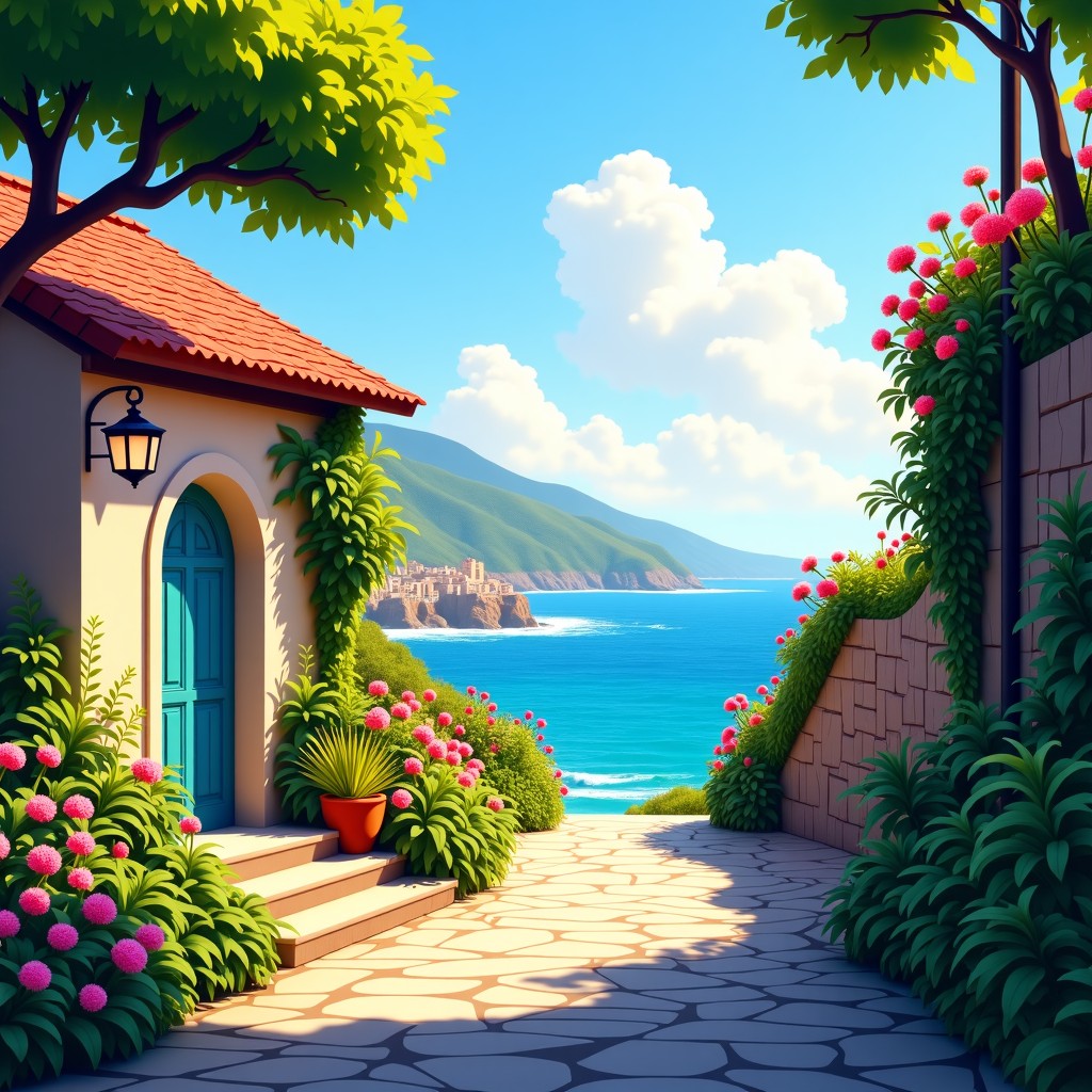 Coastal village atmosphere near the sea, warm afternoon light, vibrant colors of spring, cinematic composition, 4:3