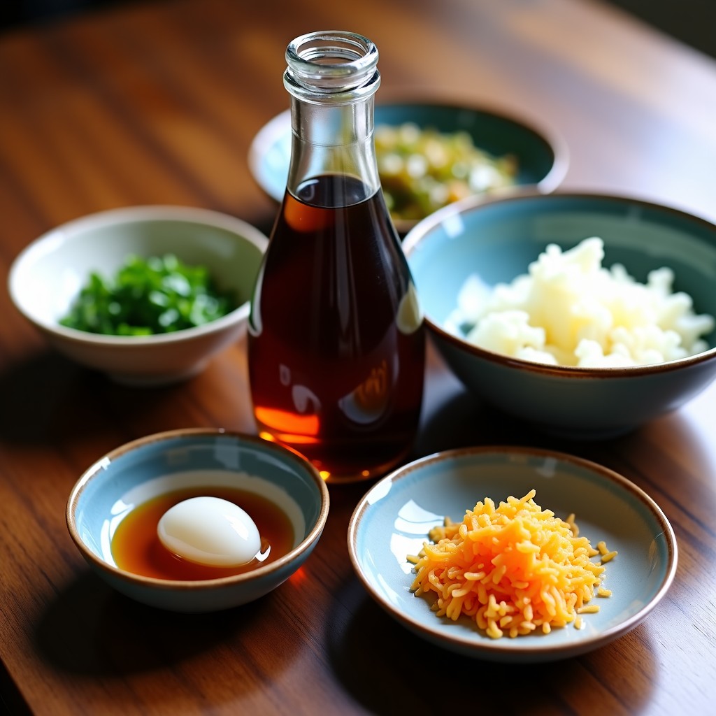 Various ingredients for homemade Japanese Sukiyaki sauce including soy sauce, mirin, and dried bonito flakes on a rustic wooden table, high resolution, soft lighting, 4:3
