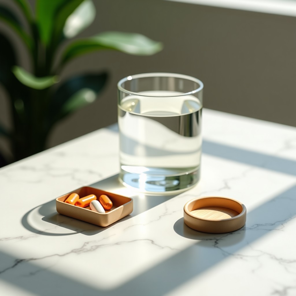 A balanced healthy lifestyle concept, a glass of water and a pill case on a marble surface with natural sunlight filtering through, minimalistic and elegant style, 4:3 aspect ratio.