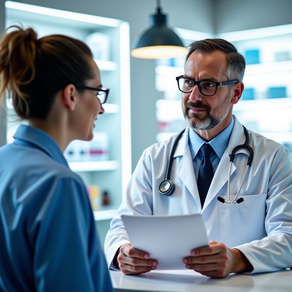 A pharmacist consulting with a patient in a modern bright pharmacy, focus on professional interaction, clean medical aesthetic, high quality photography, 4:3 aspect ratio.