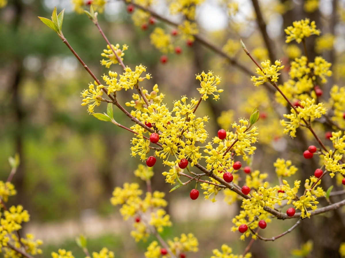 산수유꽃과 붉은 열매의 조화