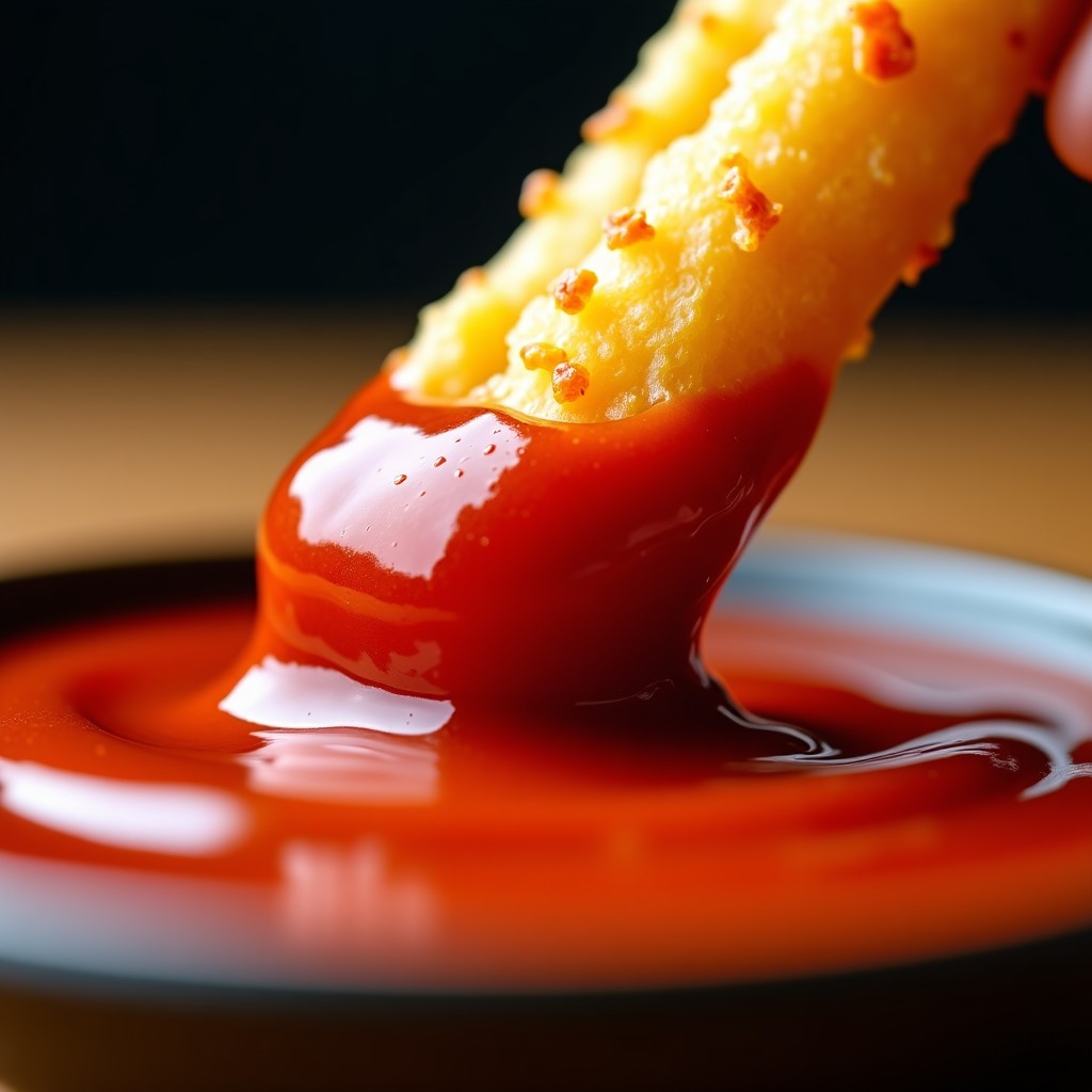 Extreme close up of a golden crispy cheese stick being dipped into a vibrant red marinara sauce, professional studio lighting, macro photography, 4:3 aspect ratio