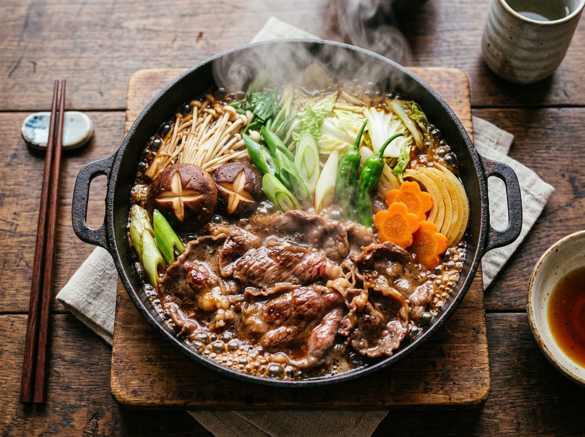 전골팬에 익어가는 고기와 채소