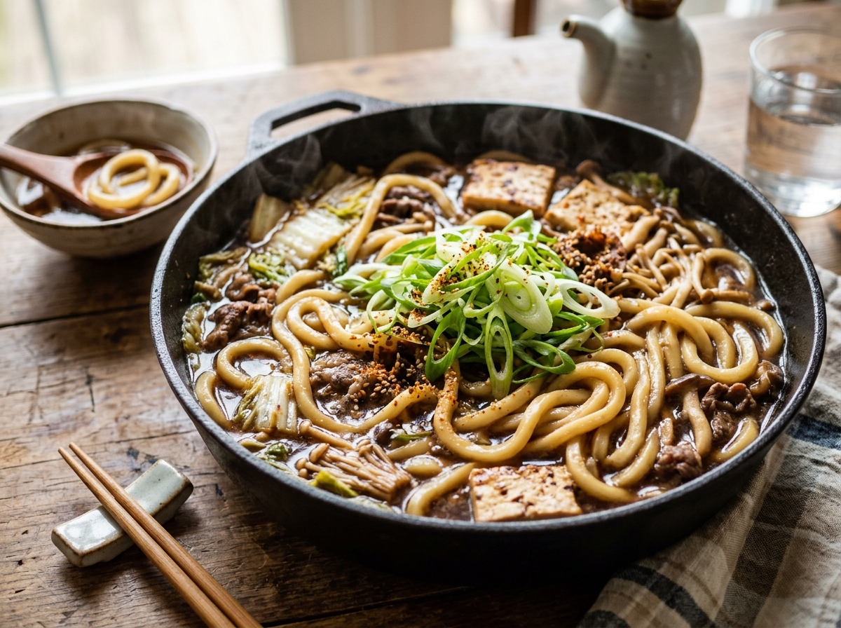 우동면을 곁들인 스키야키 마무리