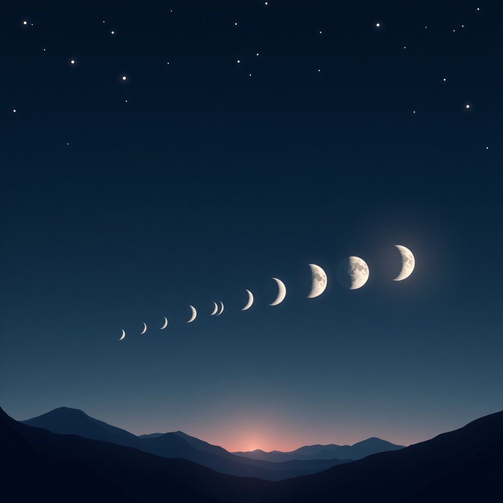 달의 위상 변화를 보여주는 밤하늘 풍경