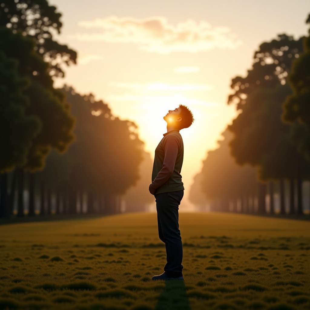 A person standing peacefully in a park during dawn, looking up at the sky, soft natural morning light, realistic photography, 4:3