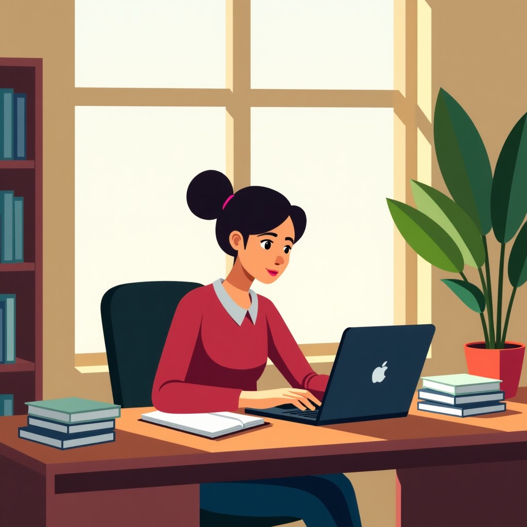 A professional person studying with books and a laptop in a bright and quiet home office, realistic style, 4:3