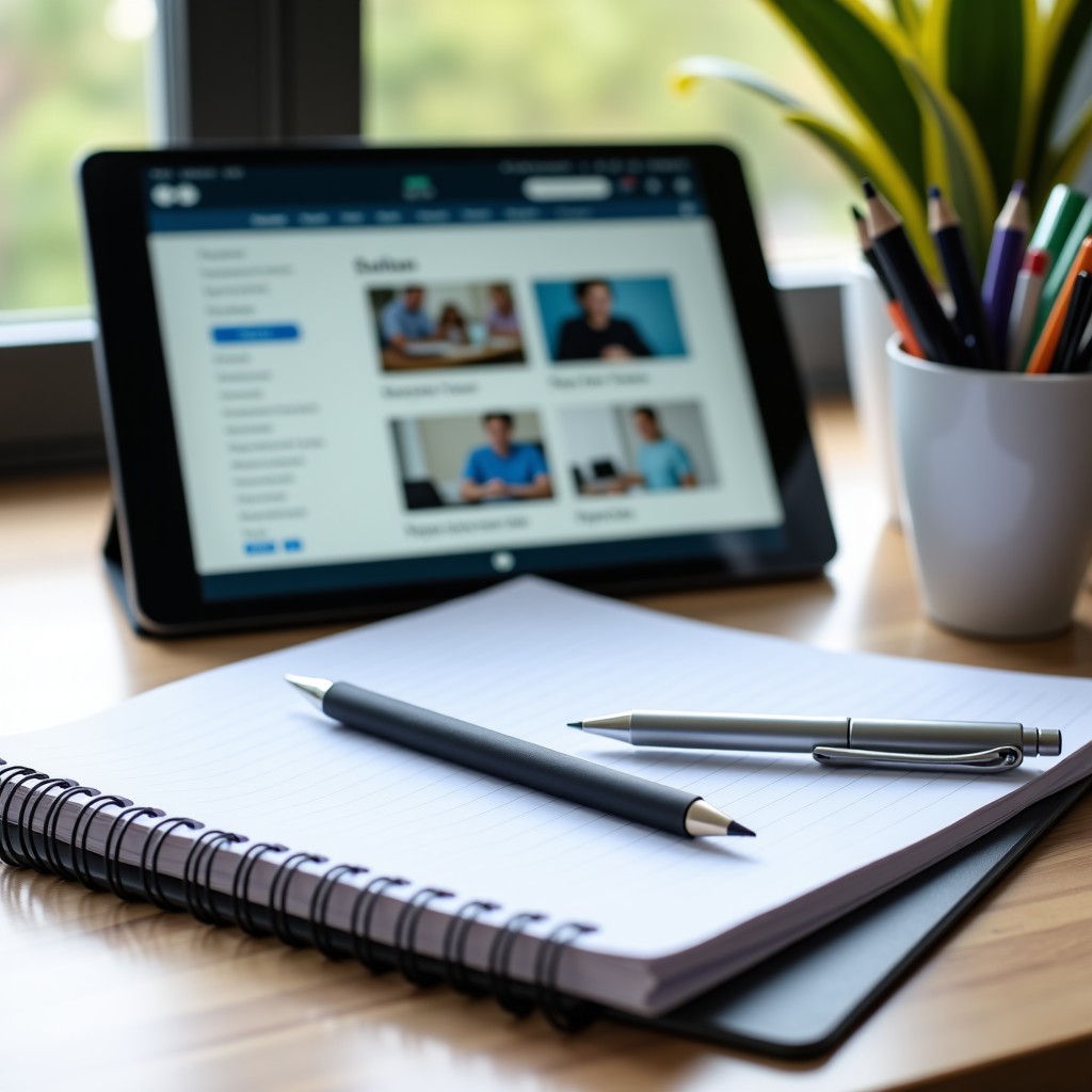 A clean desk with organized notebooks pens and a tablet displaying online study materials, high quality photography, 4:3