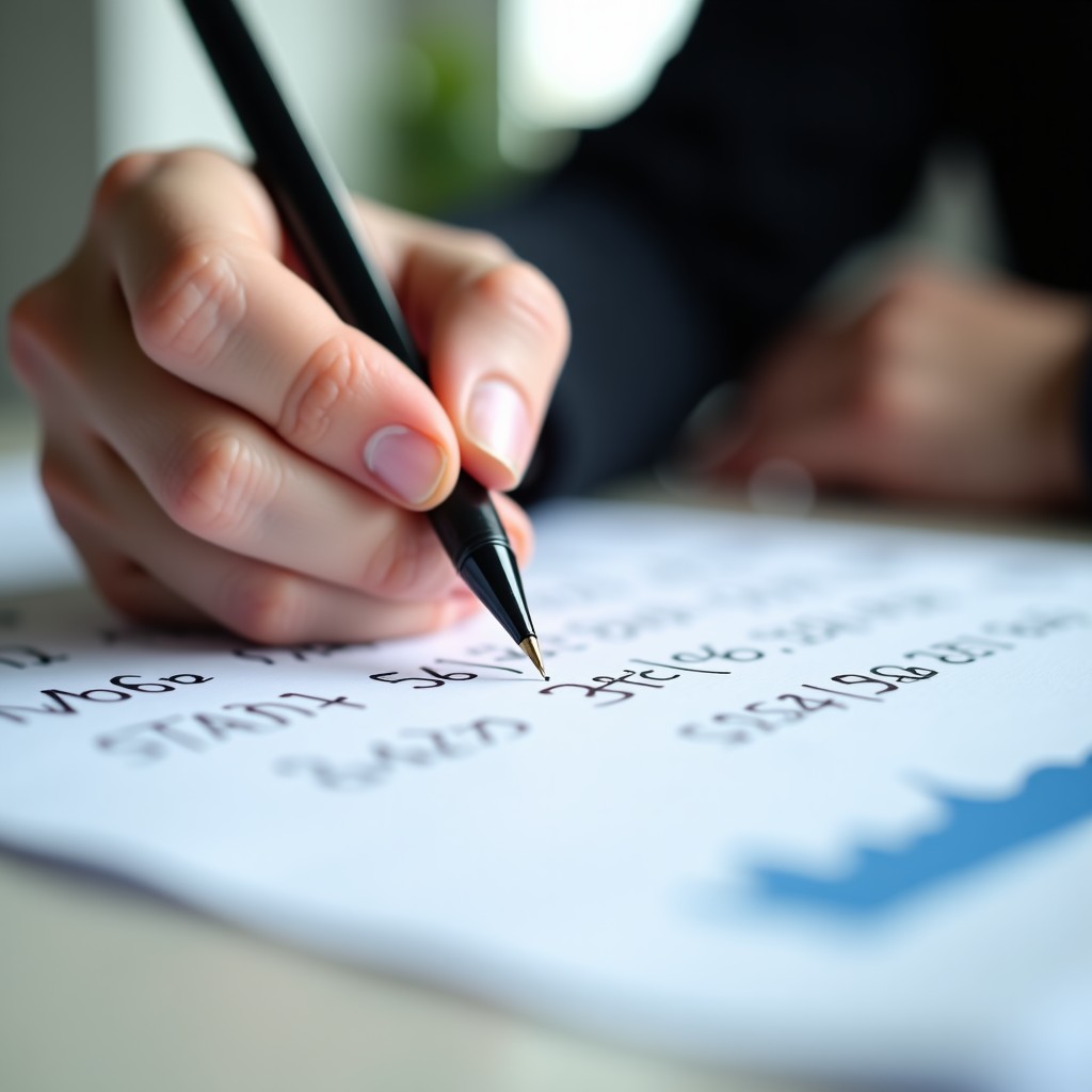 Close up of a hand writing math calculations on a paper in a well lit room, focus on the pen, realistic style, 4:3