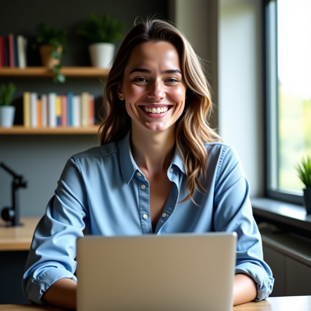 A confident person smiling while looking at a laptop screen in a modern workspace, natural morning lighting, 4:3