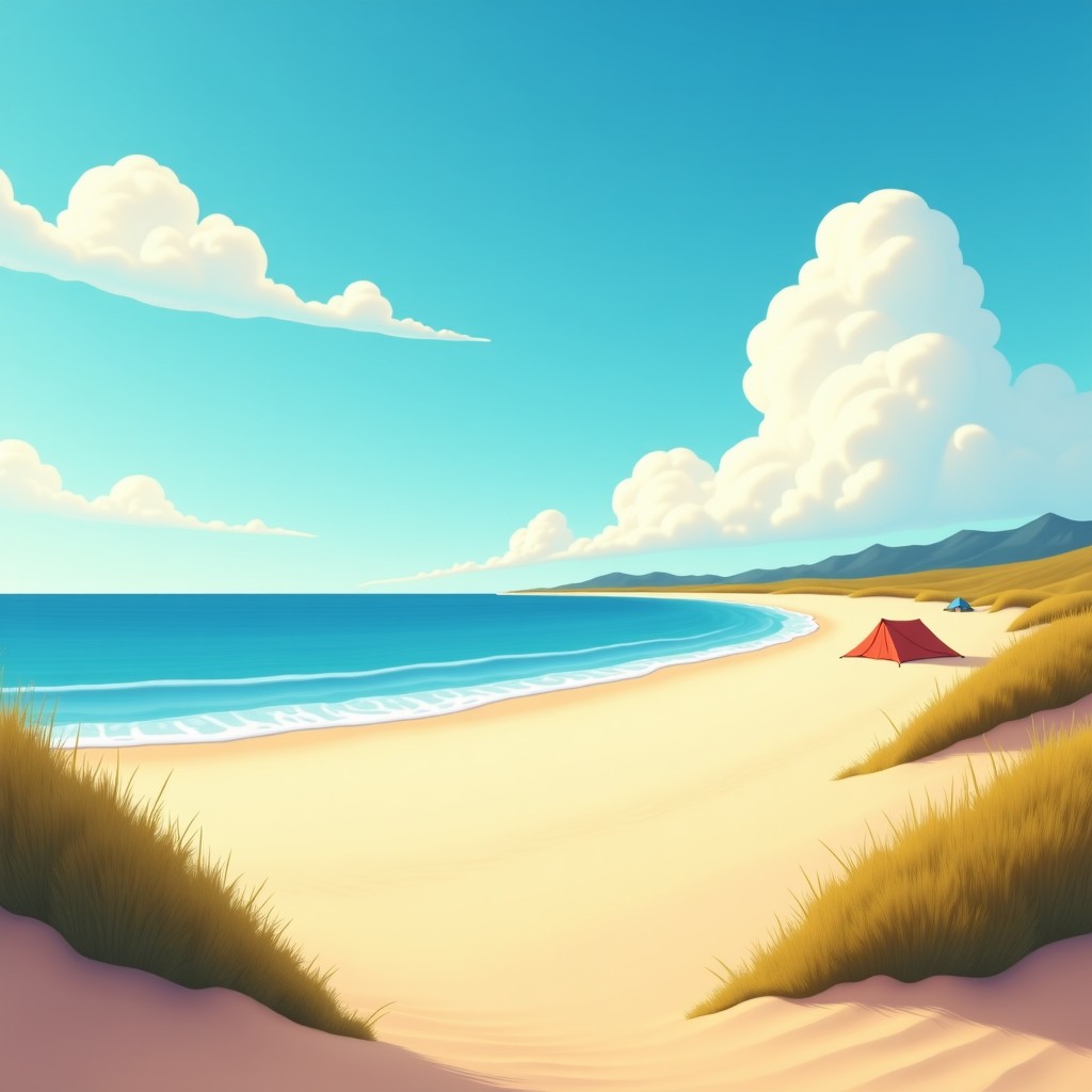 A wide angle view of a sandy beach coastline with a small camping setup in the distance, blue sea and sky, calm atmosphere, 4:3