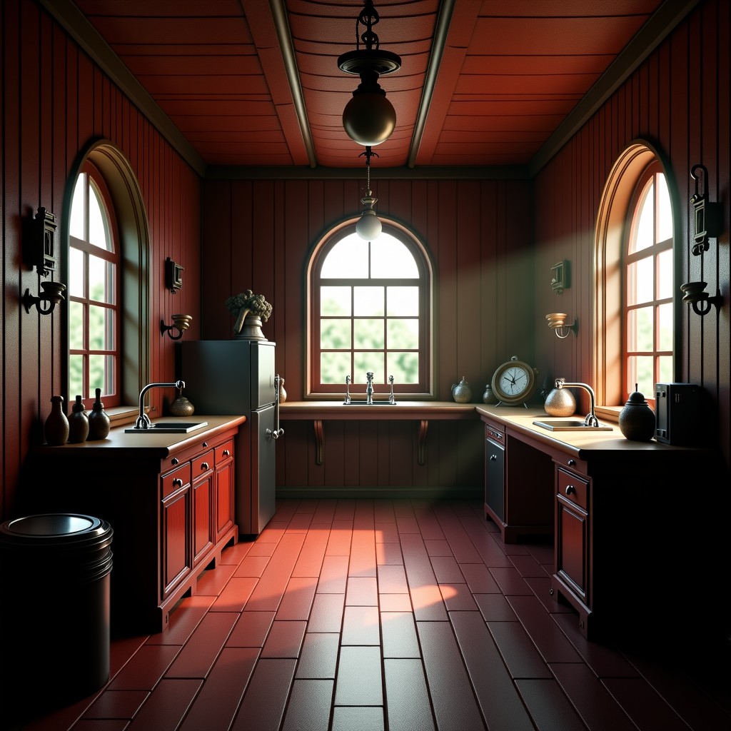 Detailed interior of a mysterious vintage carnival room with props and soft moody lighting, realistic style, 1:1 aspect ratio.