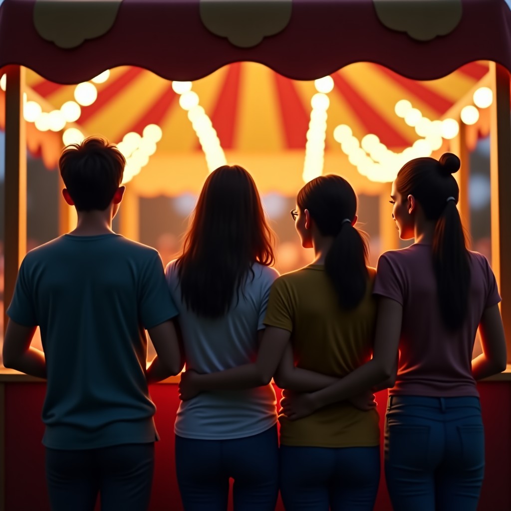 A group of friends waiting in a rustic carnival booth, soft bokeh background, warm lighting, realistic style, 4:3 aspect ratio.