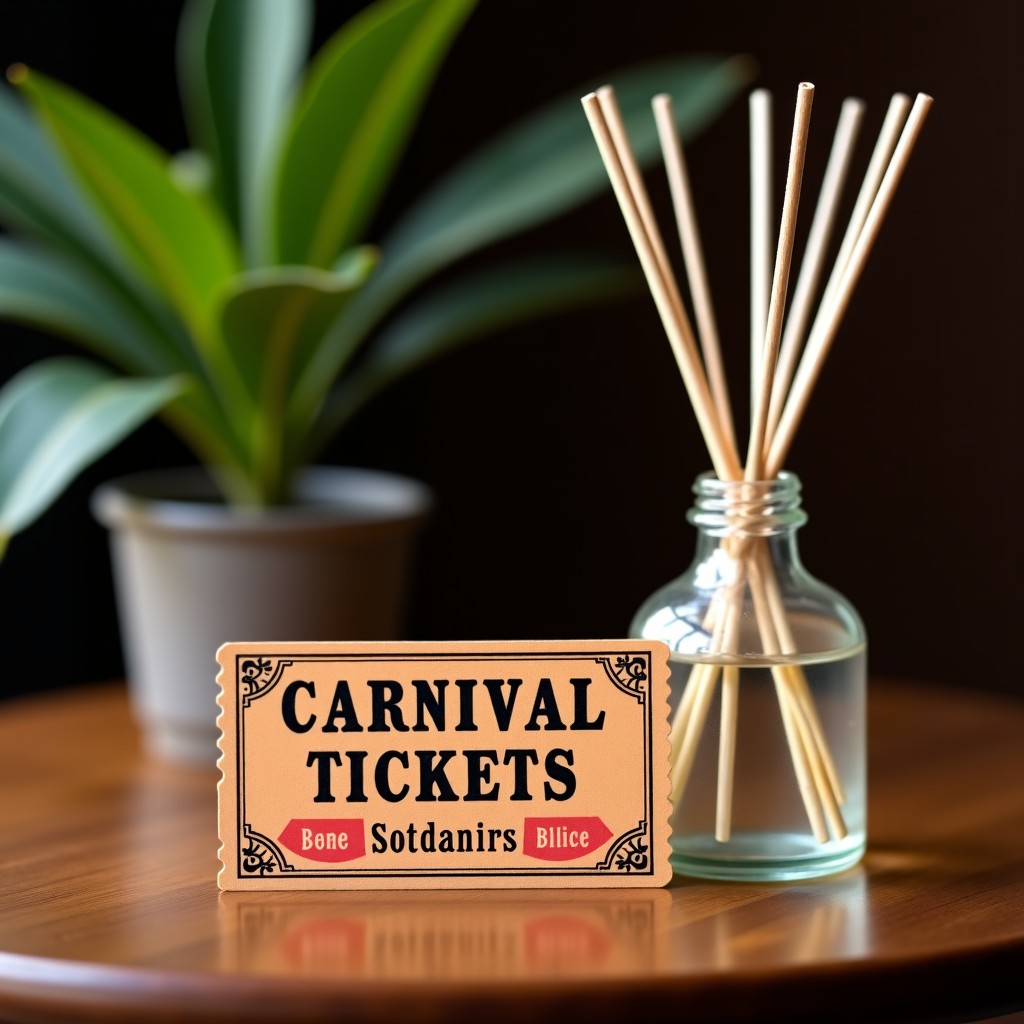 Close up of a vintage carnival souvenir ticket and scent diffuser on a wooden table, artistic composition, 4:3 aspect ratio.