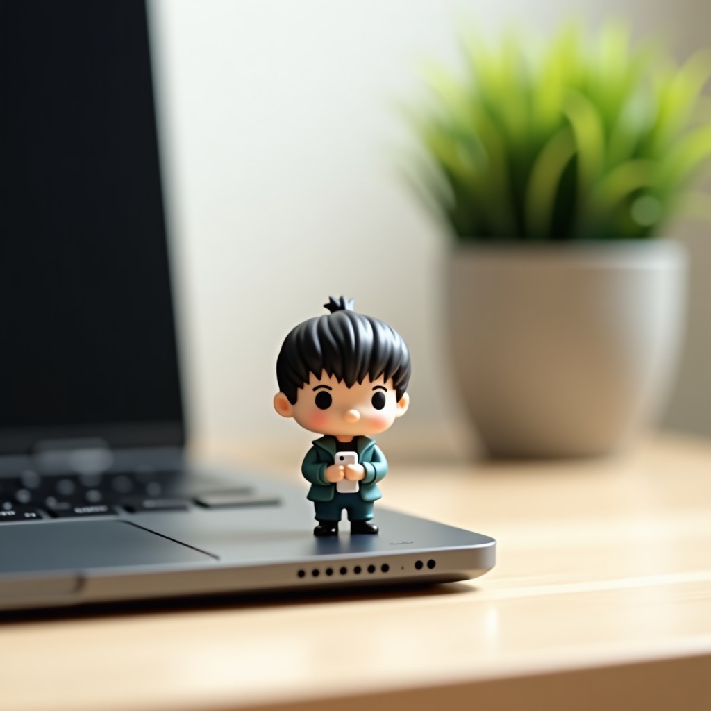 A cute small character figurine attached to a smartphone case, soft natural light, minimalist desk setup, shallow depth of field, 1:1