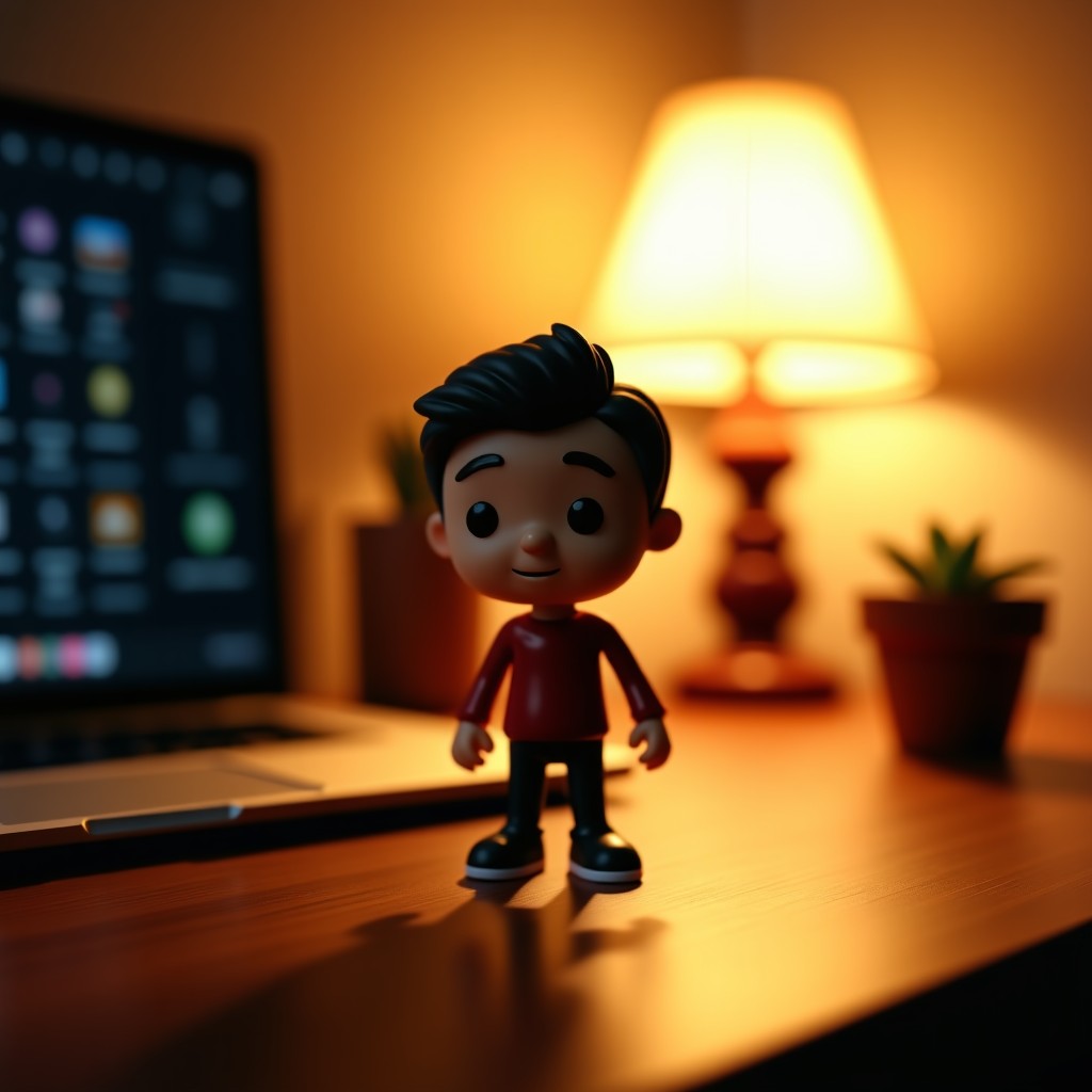 A small character figurine placed on a wooden desk, lifestyle photography, cozy atmosphere, warm lighting, 4:3