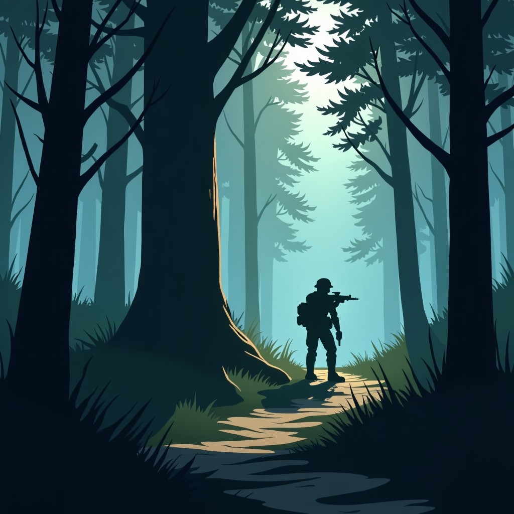 Tactical gameplay scene in a dense forest map, character hiding behind a tree, atmosphere of suspense, realistic style, 4:3