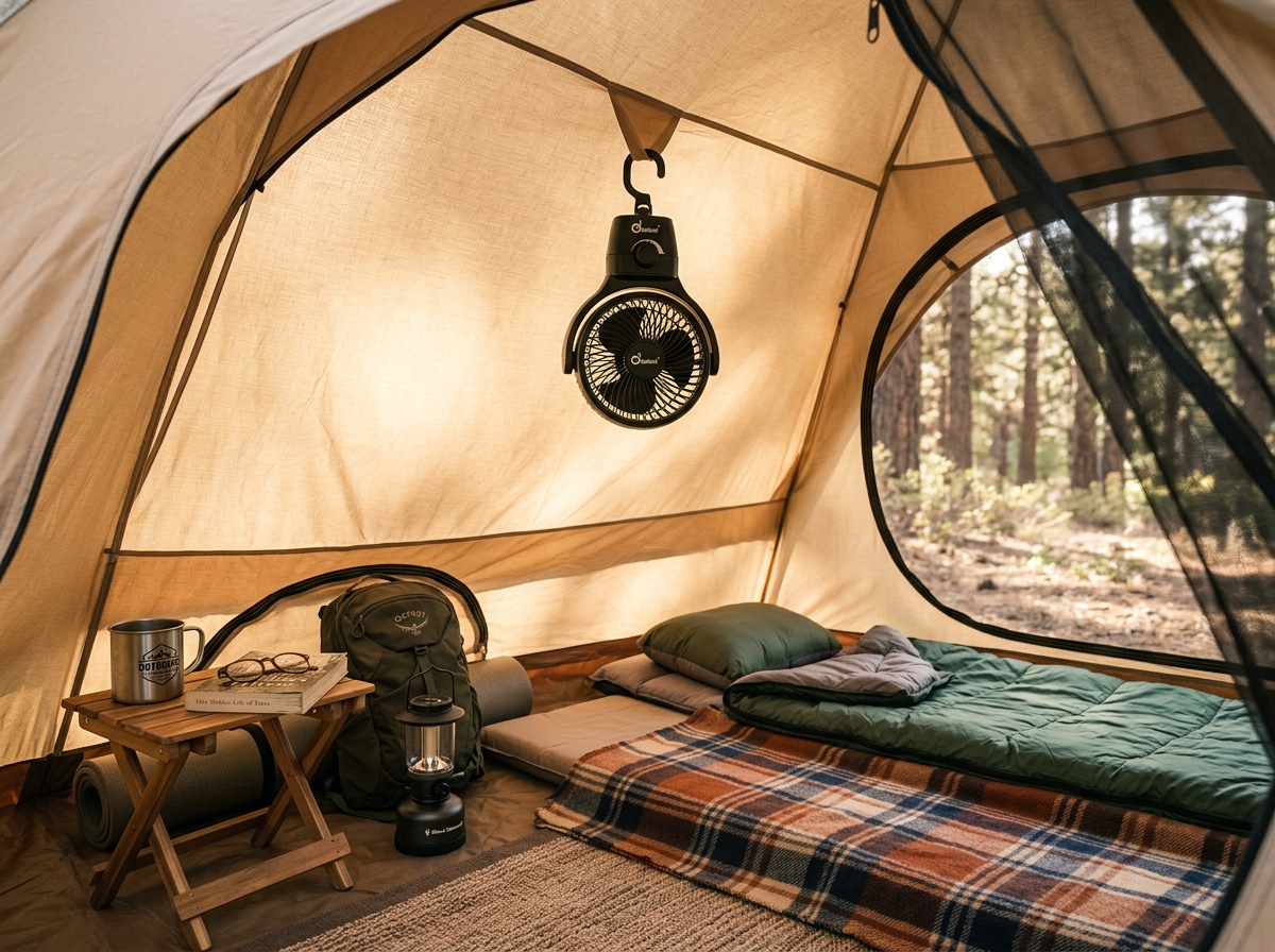 캠핑장에서 펼쳐진 아늑한 텐트 내부