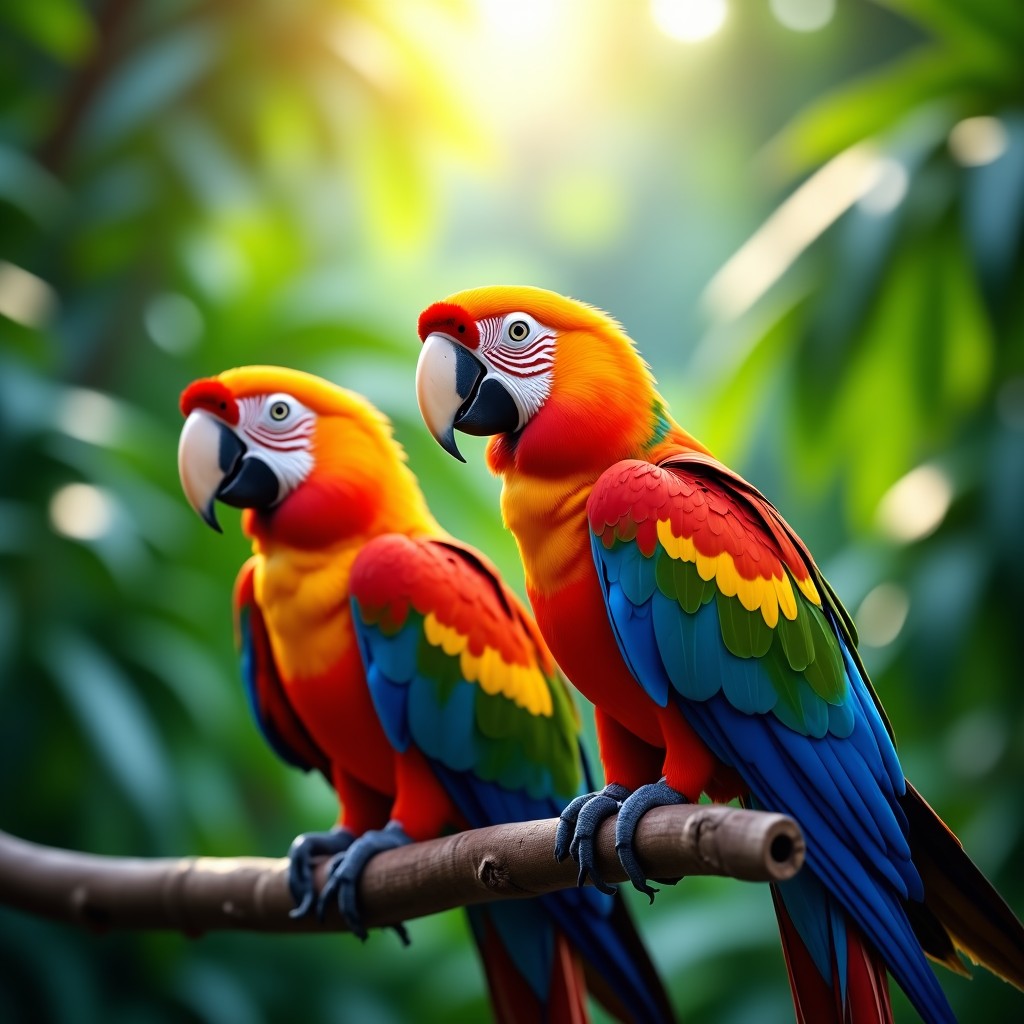 Vividly colored parrots in a lush green tropical forest, detailed feathers, wide angle shot, natural morning light, 4:3