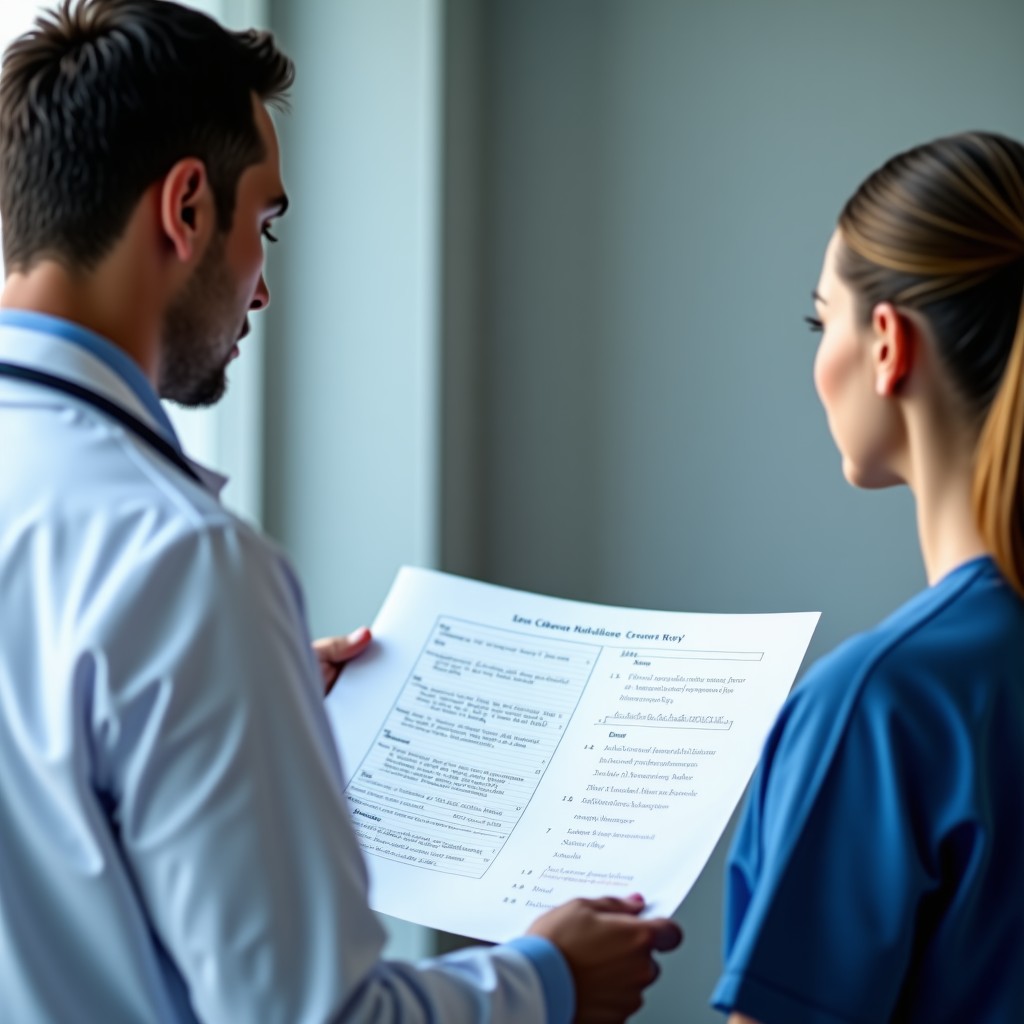 A doctor looking at a medical chart with a patient, clinical setting, professional atmosphere, soft focus, high quality, 4:3 aspect ratio