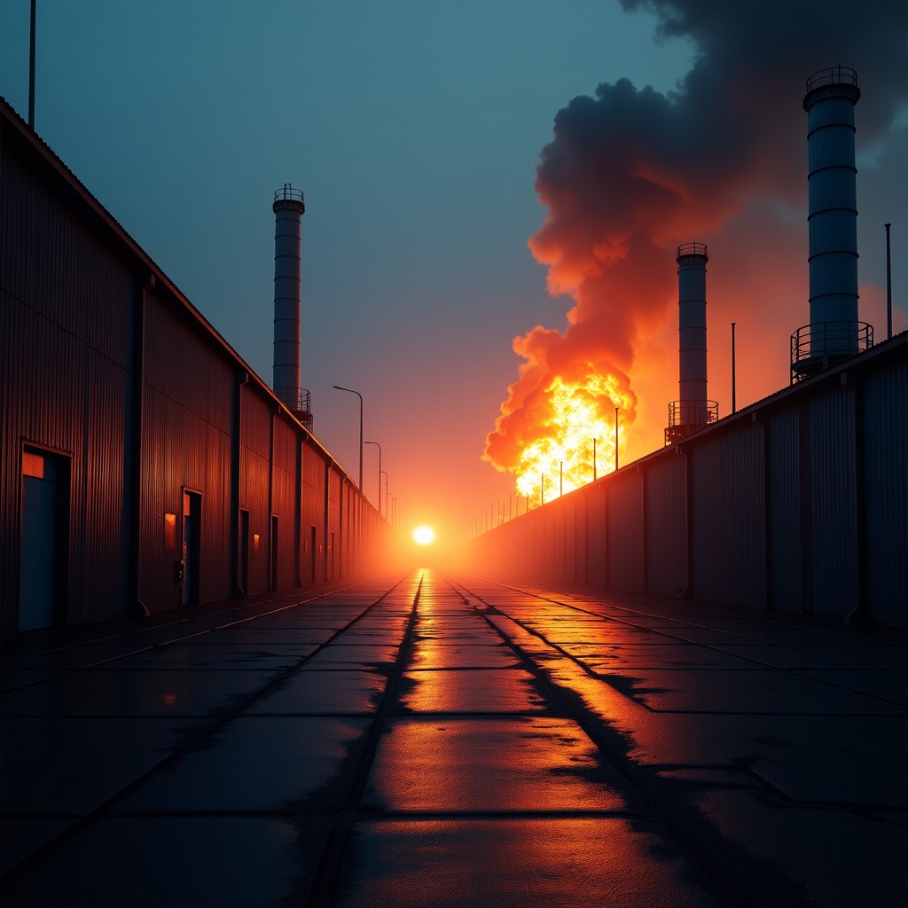 공장 화재 현장의 긴박한 모습