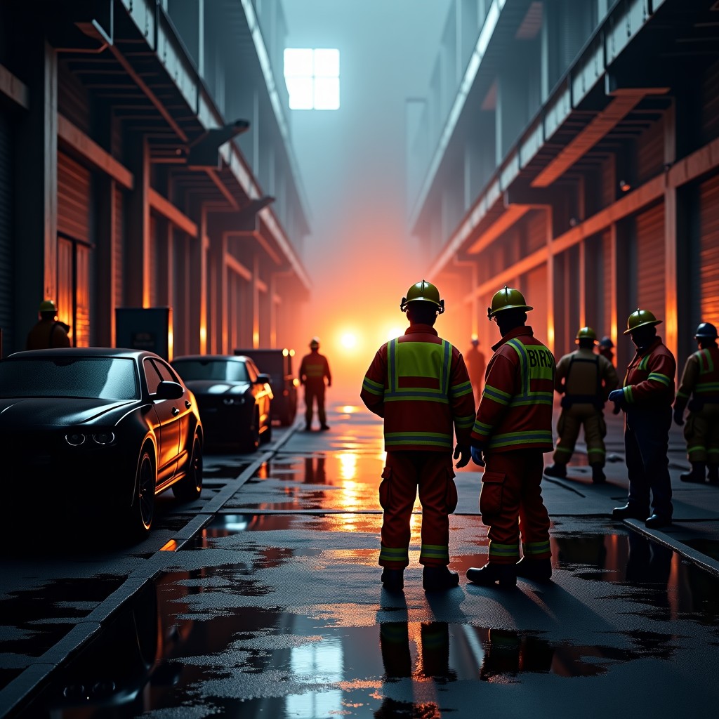 Professional fire investigators working in an industrial setting, examining damaged equipment, wearing safety gear, detailed and realistic, 4:3 aspect ratio