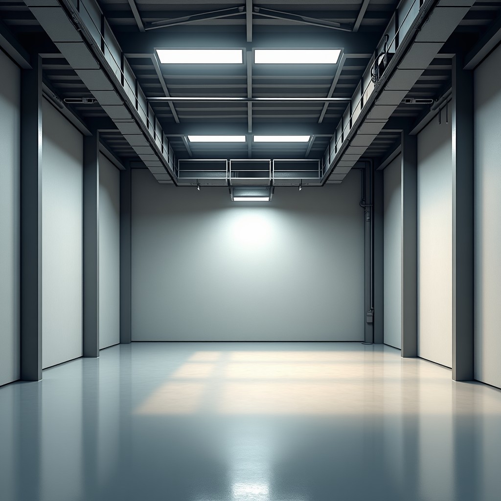 An industrial indoor space showing architectural layout and ventilation, realistic style, neutral tones, focused on structural integrity, 4:3 aspect ratio