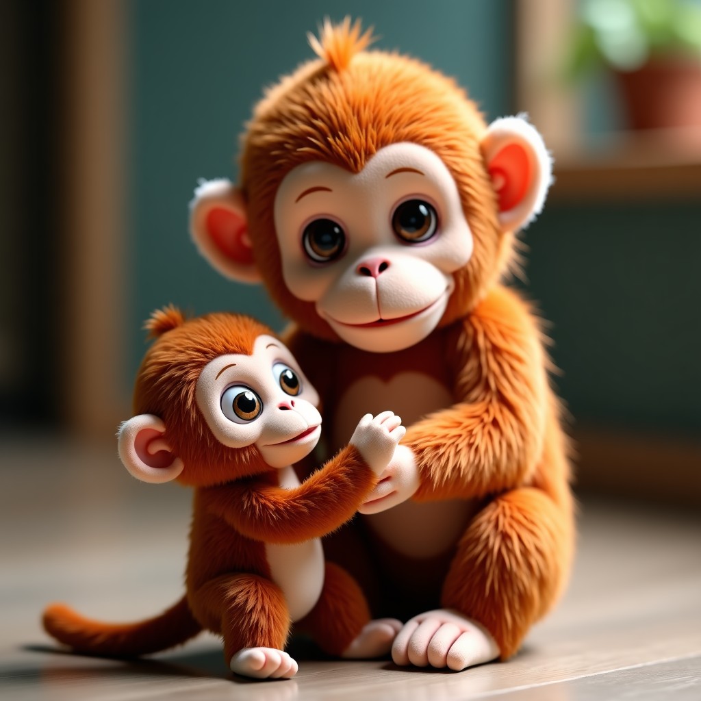 A small baby monkey holding onto a plush orangutan toy, soft fur textures, high detail, interior animal enclosure background, 1:1