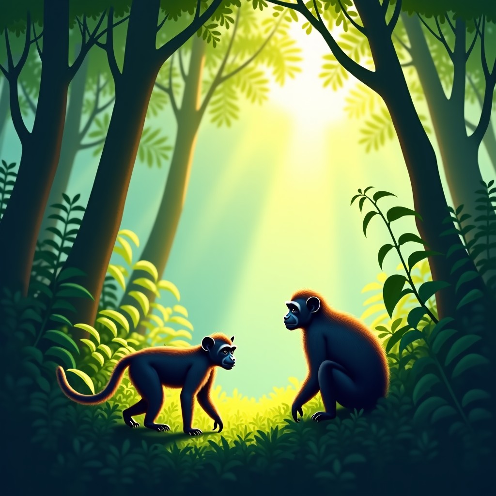 Natural habitat for macaques, green forest scenery, sunlight filtering through leaves, wide angle shot, high quality photography, 4:3