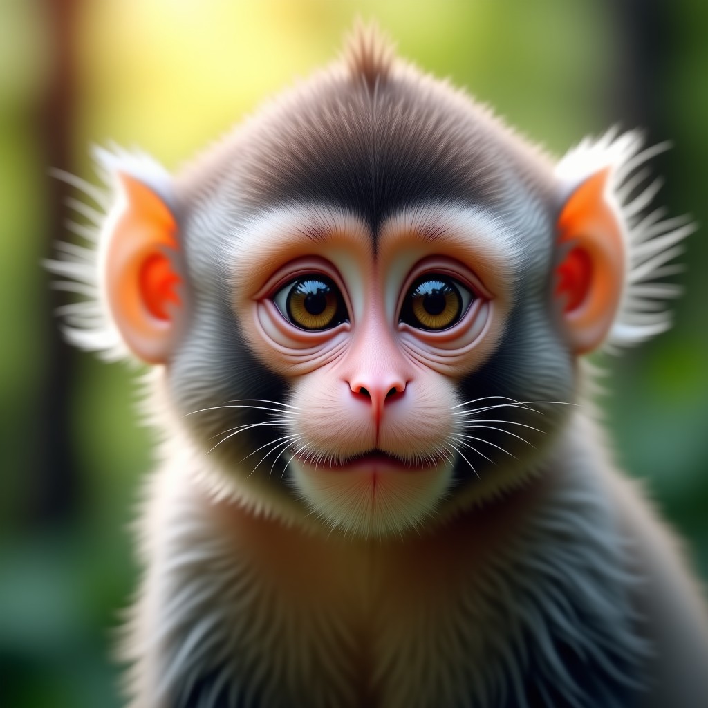 Close up of a cute Japanese macaque face with expressive eyes, soft bokeh background of a forest, high resolution, 4:3