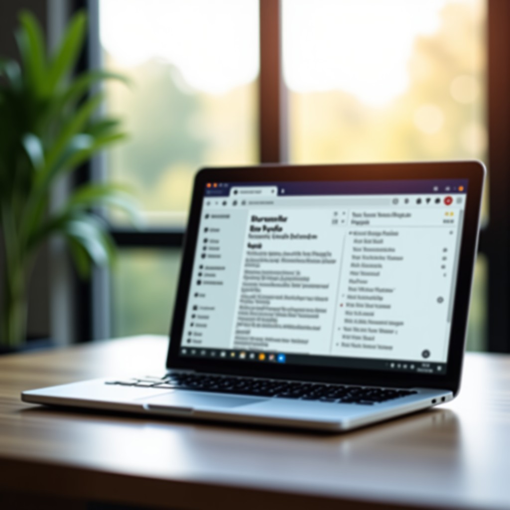 A professional office desk scene with a laptop showing an email inbox with blurred text, soft morning lighting, clean and professional atmosphere, 4:3
