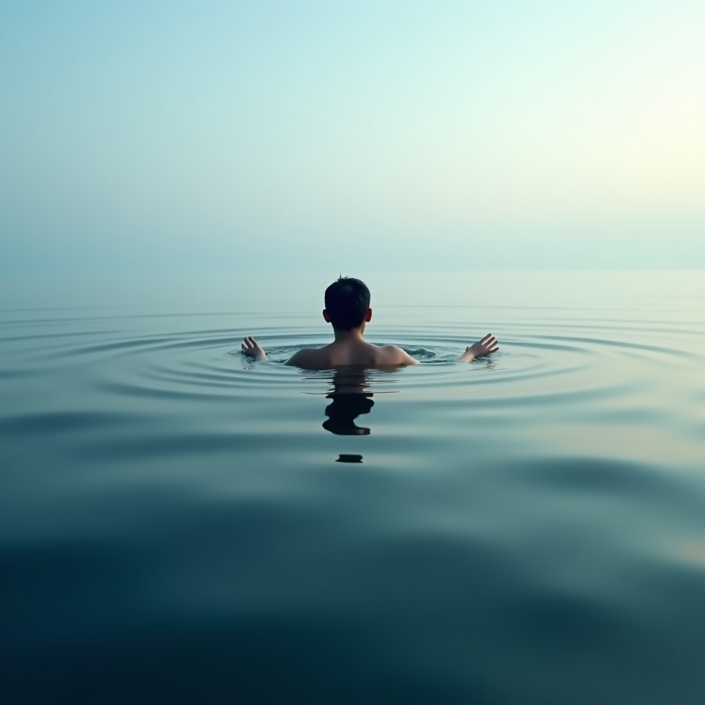 A peaceful image of a person floating on calm water, serene atmosphere, soft lighting, wide angle, high quality, 4:3 aspect ratio.