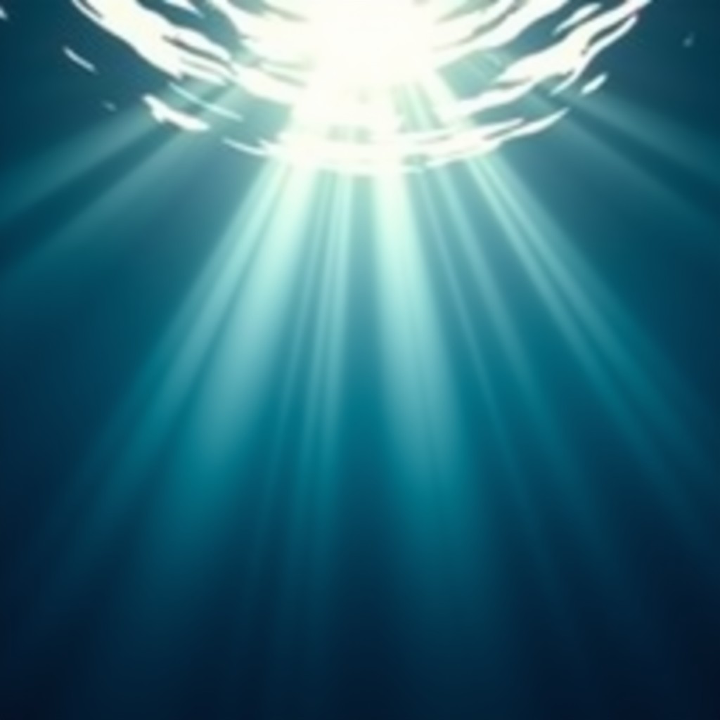 Underwater view looking up at the surface, light rays creating a beautiful pattern, calming and abstract, 4:3 aspect ratio.