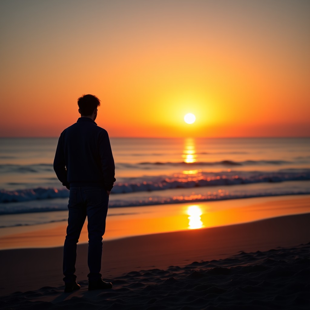 A person standing on the beach watching the sunset over the horizon, peaceful and reflective, cinematic lighting, 4:3 aspect ratio.