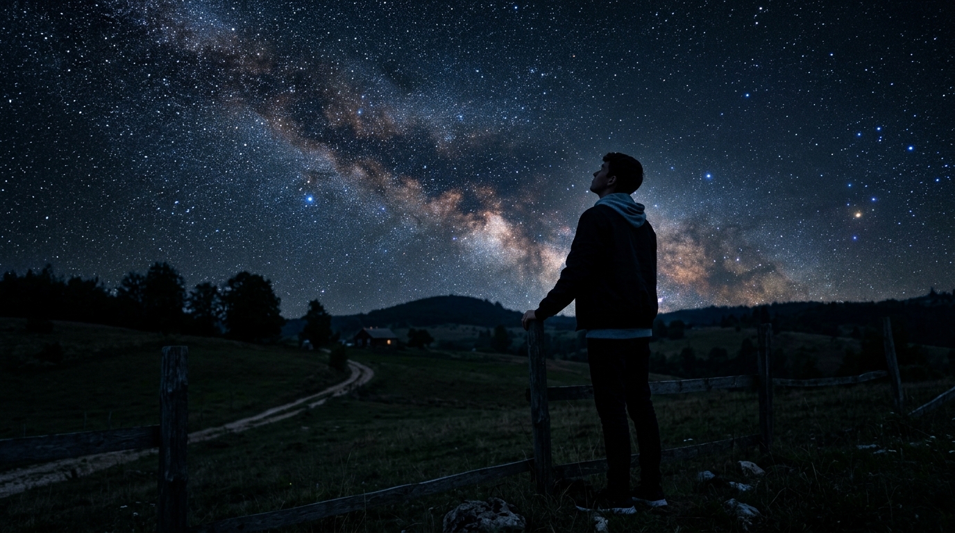 밤하늘 아래 생각에 잠긴 모습