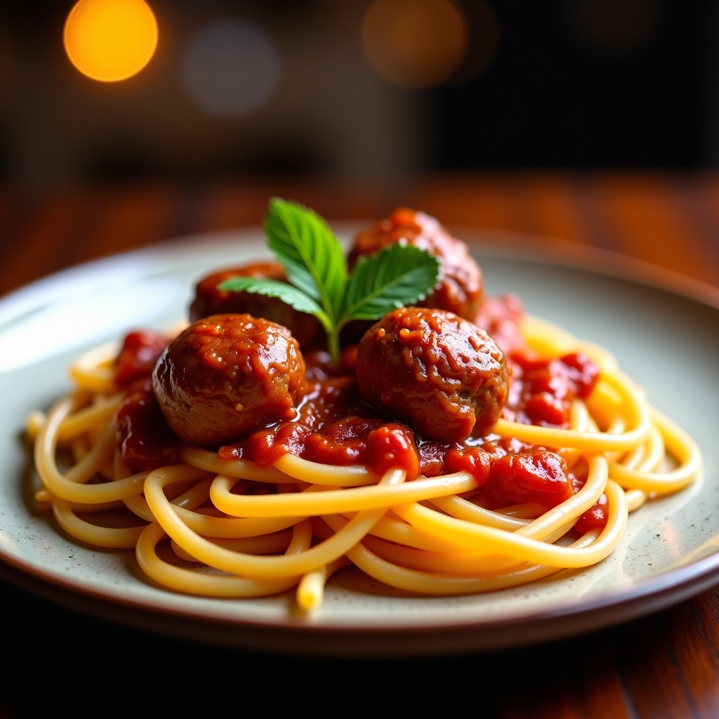 Delicious bolognese pasta with meatballs served on a rustic plate, close up shot, professional food photography, warm ambient lighting, 4:3 aspect ratio