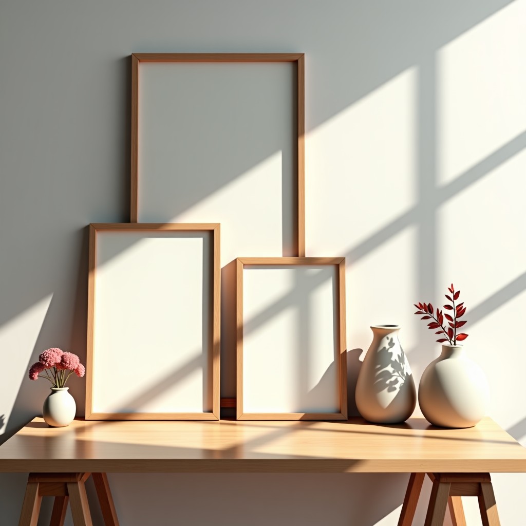 Minimalist home decor arrangement with various frames and artistic objects on a wooden desk, organized and aesthetic style, soft morning light, 4:3