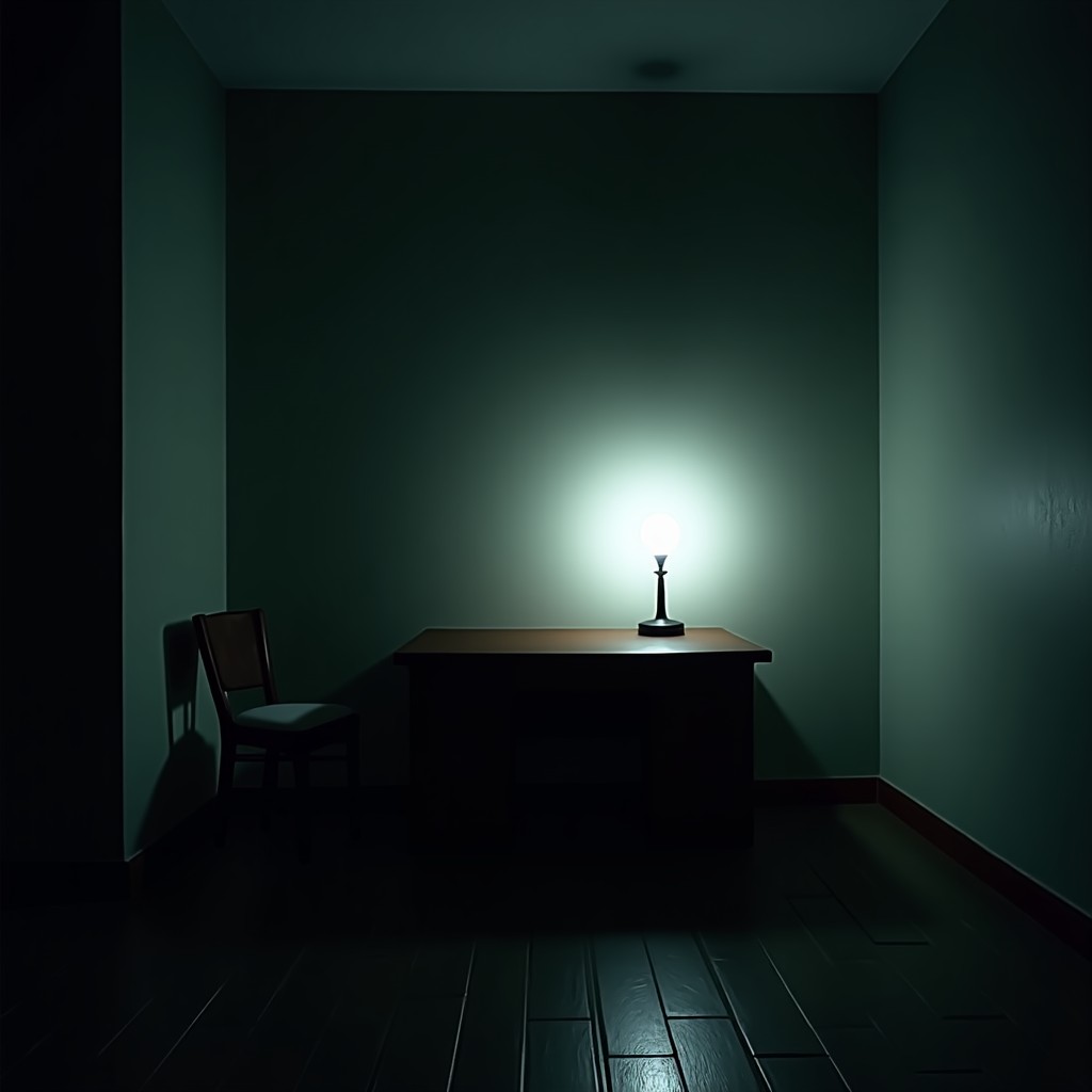 A dark room with a single desk and lamp, reflecting on complex psychological state, moody atmosphere, cinematic photography, 4:3