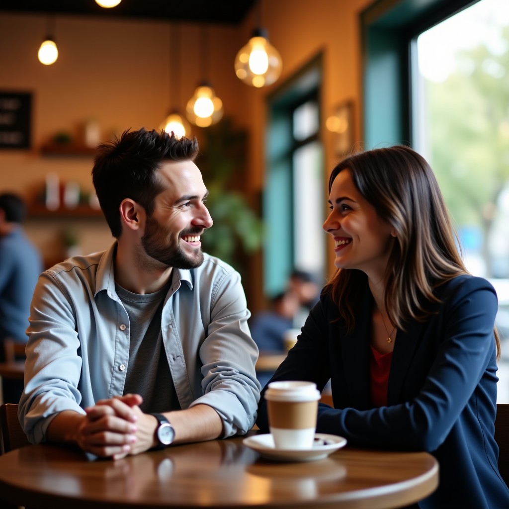 Two people having a friendly conversation in a cozy cafe, blurred background, natural lifestyle photography, warm and inviting, 4:3 ratio.