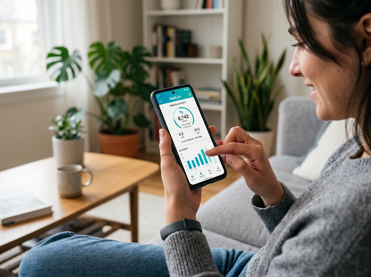 디지털 기기로 건강 정보를 보는 모습