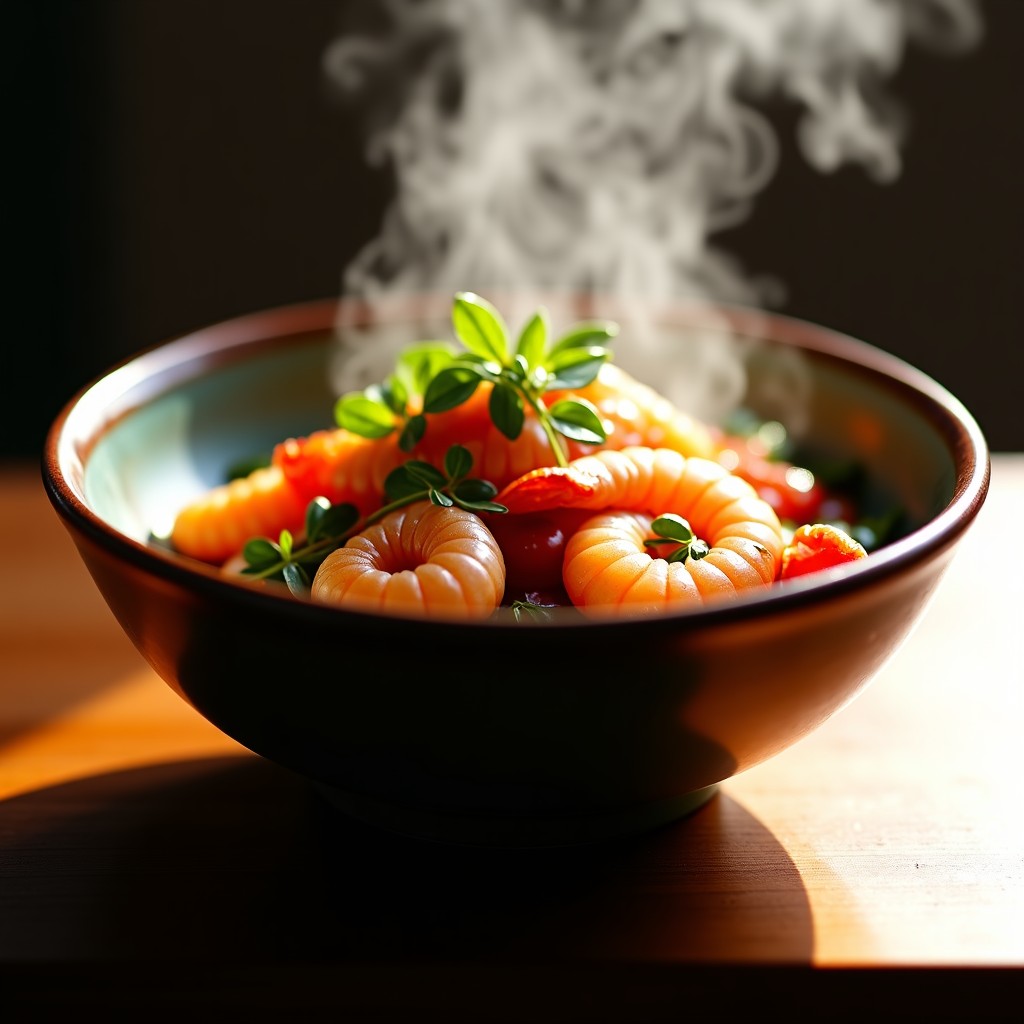 A bowl of steaming hot cooked seafood and vegetables, steam rising, warm lighting, cinematic look, 4:3