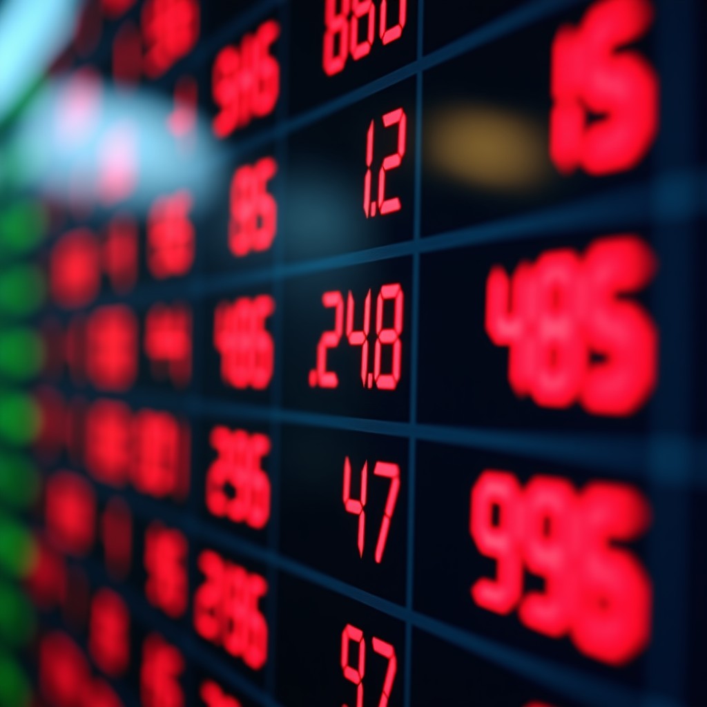 A close up of a digital stock market display showing red and green numbers, cinematic lighting, shallow depth of field, 4:3