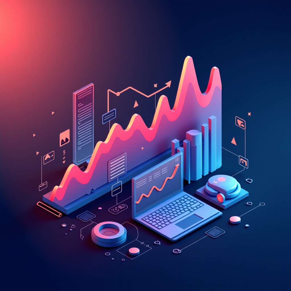 Abstract representation of digital market data and financial analysis tools, minimalist design, futuristic concept, vivid colors, 4:3