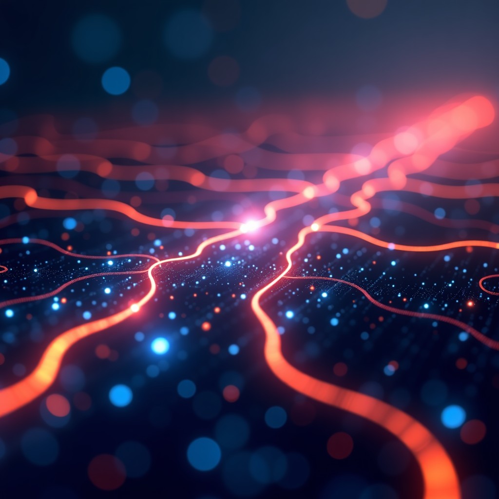 High tech internet connectivity concept with glowing fiber optic cables, intricate network connections, abstract technology art, warm and cool lighting contrast, 4:3