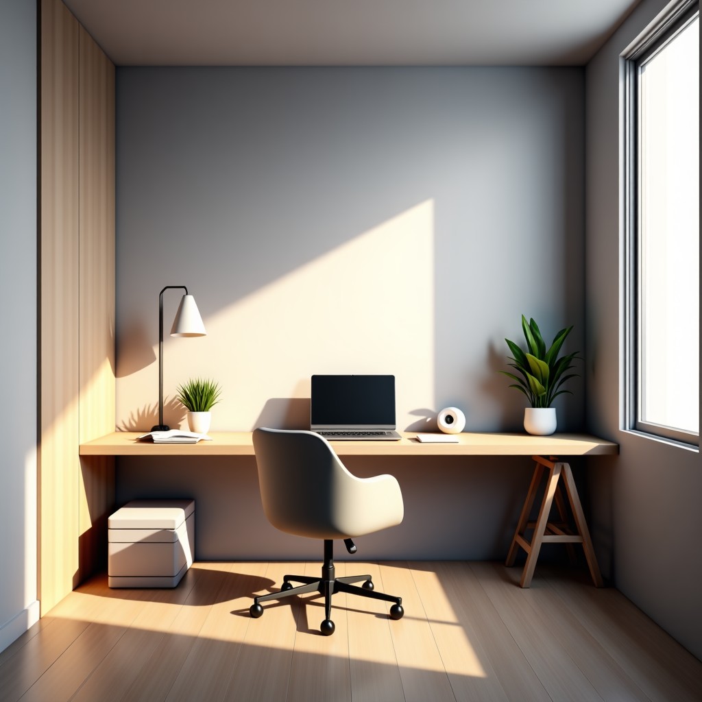 Minimalist home office with a modern router, sleek design, natural ambient lighting, clean and organized workspace, realistic, 4:3
