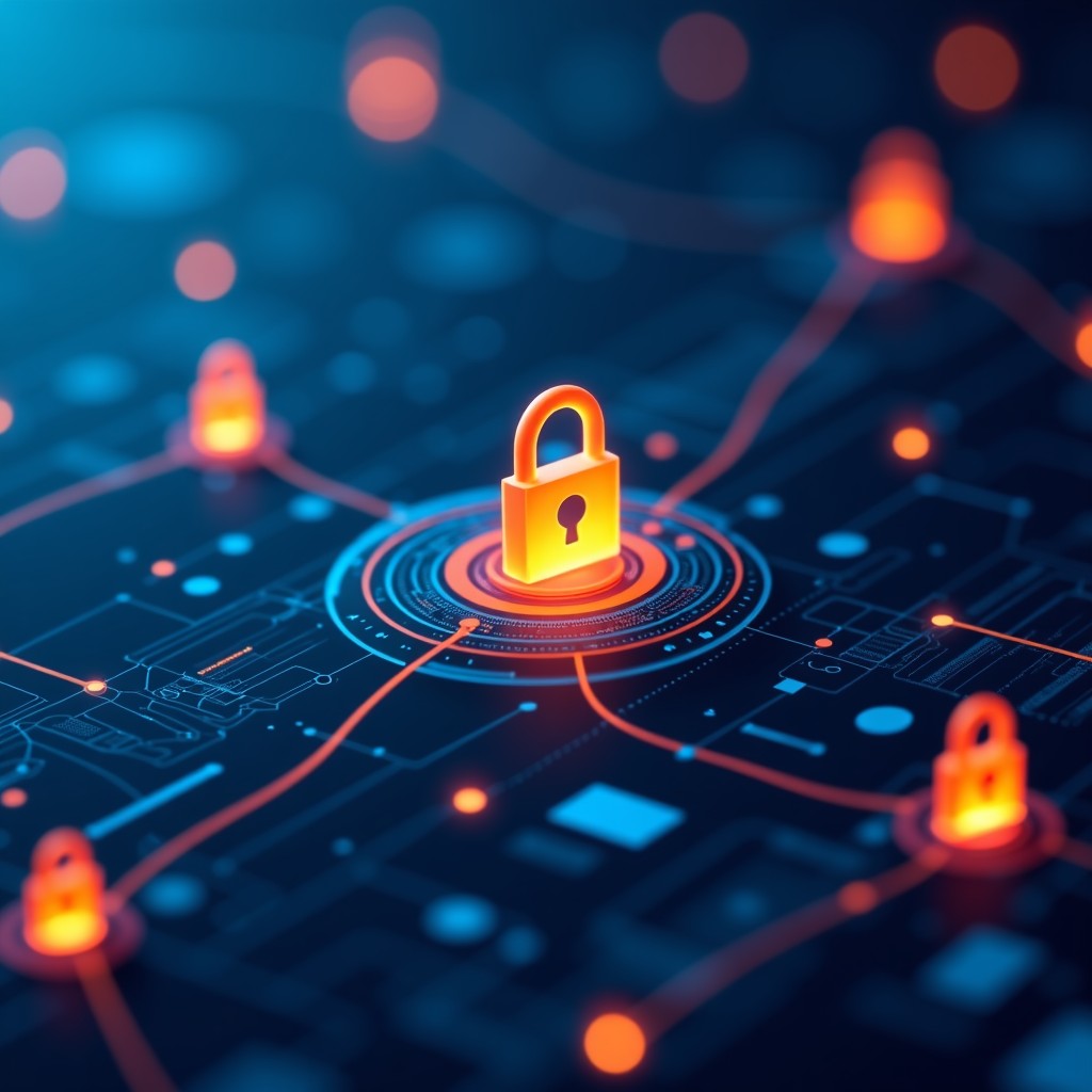 A futuristic cybersecurity concept with abstract data streams and glowing lock icons, modern aesthetic, high contrast, blue and orange color palette, 16:9 aspect ratio.